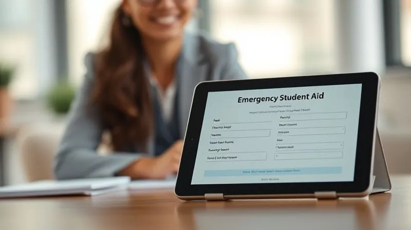 A photorealistic, professional photography, 8K, cinematic lighting, sharp focus, depth of field, shot on a high-end DSLR of a clean, minimalist digital application form for emergency student aid on a tablet, with a blurred, empathetic financial aid advisor in the background. The form is easy to read, highlighting simplicity and speed.