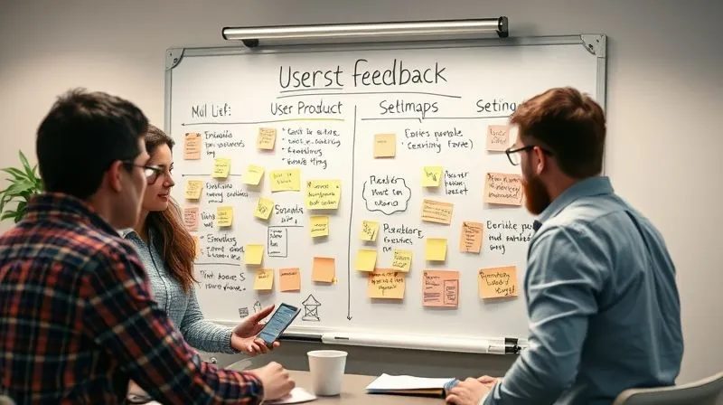 A photorealistic image of a team collaborating around a whiteboard filled with user feedback sticky notes and product roadmap sketches, symbolizing iterative development. Cinematic lighting, sharp focus on the whiteboard, 8K, depth of field, professional photography.