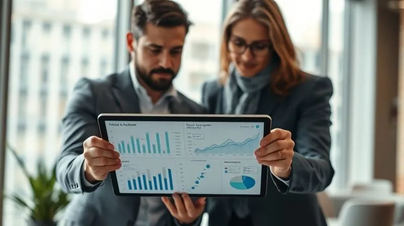 A photorealistic image of a real estate agent and seller reviewing market data on a tablet, with charts and graphs, indicating a strategic re-evaluation of pricing and listing. Professional photography, 8K, cinematic lighting, sharp focus on the tablet and faces, depth of field, shot on a high-end DSLR.