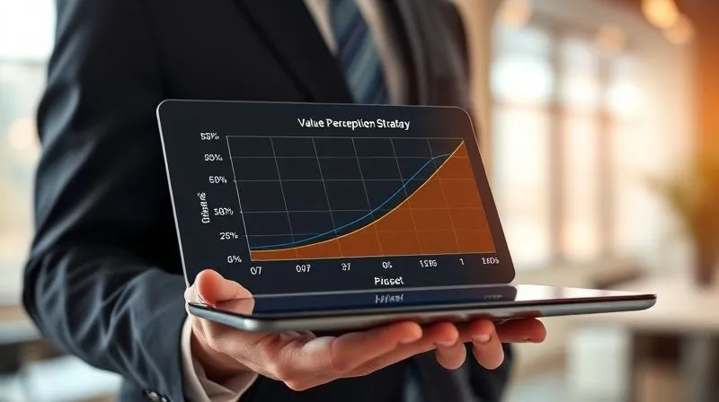 A photorealistic image of a sophisticated pricing strategy graph, showing value perception versus price points, with different tiers clearly delineated. The graph is displayed on a sleek, transparent tablet, held by a business professional in a modern office. Cinematic lighting, sharp focus on the graph, depth of field blurring the background, 8K hyper-detailed.