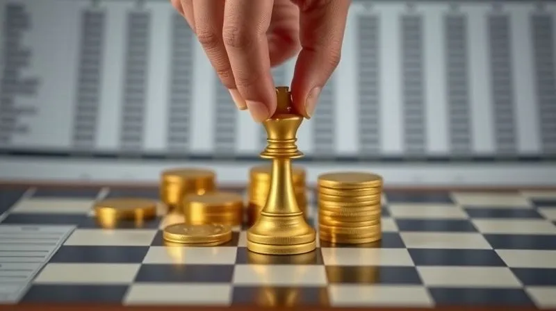 A photorealistic image of a hand carefully placing a single, valuable chess piece onto a board, surrounded by strategically positioned gold coins representing careful resource allocation and investment. The background is a blurred financial spreadsheet. Cinematic lighting, sharp focus on the hand and pieces, depth of field blurring the background, 8K hyper-detailed.