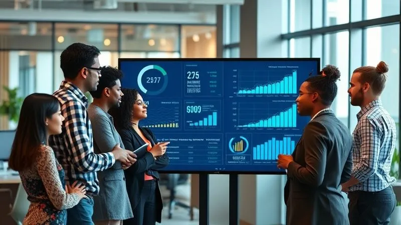 A photorealistic, professional photography, 8K, cinematic lighting, sharp focus, depth of field. A diverse team of professionals collaborating around a large touchscreen displaying financial metrics and growth charts, all looking engaged and focused on shared objectives. The atmosphere is energetic and collaborative, with subtle nods to innovation and shared success in a modern office environment.