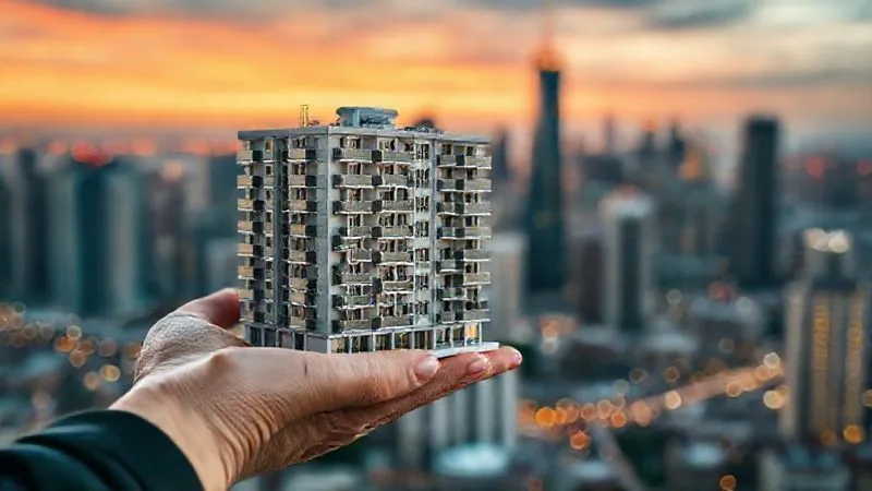 photorealistic, professional photography, 8K, cinematic lighting, sharp focus, depth of field, shot on a high-end DSLR, a hand holding a small, intricate model of a multi-unit apartment building, with a blurred background of a thriving, modern city skyline at sunset, symbolizing real estate investment and urban growth.