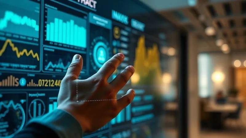 A photorealistic image of a futuristic data visualization dashboard displaying complex ESG metrics and supply chain data, with holographic elements and glowing lines connecting various data points. A human hand, in sharp focus, is interacting with a touch screen showing real-time impact metrics. Professional photography, 8K, cinematic lighting, depth of field blurring the background of a modern, sustainable office space. Shot on a high-end DSLR.