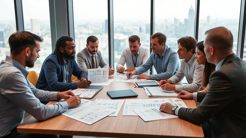A photorealistic image of a diverse group of investors, men and women of various ages and ethnicities, collaboratively reviewing financial and sustainability reports around a large, modern conference table. They are engaged in earnest discussion, with some pointing to data on shared screens. The setting is professional yet open, with large windows overlooking a city skyline. Cinematic lighting, sharp focus on the group, depth of field blurring the background. 8K hyper-detailed, professional photography, shot on a high-end DSLR.