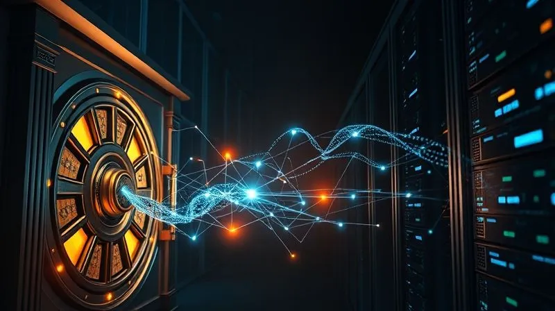 A photorealistic image of a glowing, intricate network of digital connections flowing between two distinct structures: one a classical bank vault door, the other a sleek, modern server rack. Encrypted data packets are visibly moving between them, surrounded by a subtle digital shield effect. Cinematic lighting, sharp focus on the data flow. 8K hyper-detailed, professional photography.