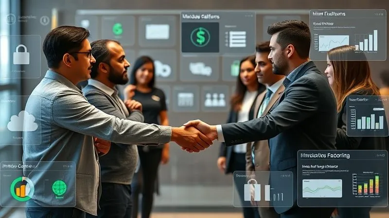 photorealistic, professional photography, 8K, cinematic lighting, sharp focus, depth of field, shot on a high-end DSLR, a diverse group of entrepreneurs shaking hands with various financial advisors, surrounded by digital interfaces showing different funding options like online platforms, microloan institutions, and invoice factoring dashboards, conveying a sense of collaboration and multiple pathways to capital.