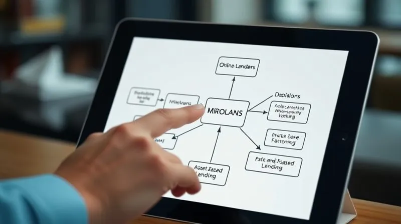 photorealistic, professional photography, 8K, cinematic lighting, sharp focus, depth of field, shot on a high-end DSLR, a hand pointing to a flowchart on a tablet screen, showing different paths for 'Emergency Business Loan After Bank Rejection', with nodes for 'Online Lenders', 'Microloans', 'Invoice Factoring', and 'Asset-Based Lending', highlighting the interconnectedness of options.
