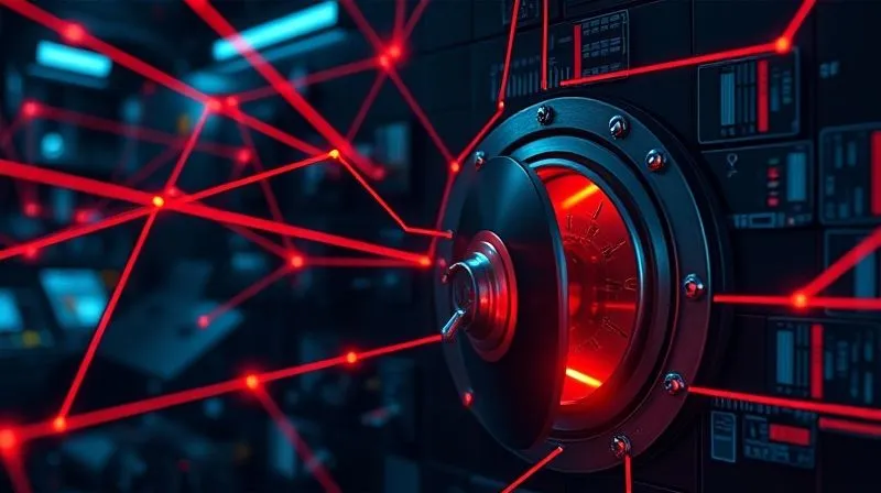 A photorealistic, professional photography, 8K, cinematic lighting, sharp focus, depth of field, shot on a high-end DSLR, showing a complex network of digital threats represented by glowing red lines converging on a secure vault, symbolizing the vulnerabilities in open banking APIs.