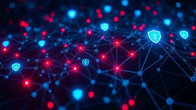A photorealistic image of a complex digital network graph, with some nodes highlighted in red, representing vulnerabilities or zero-day exploits, while others are protected by glowing blue shields. Cinematic lighting, sharp focus, depth of field, 8K hyper-detailed.