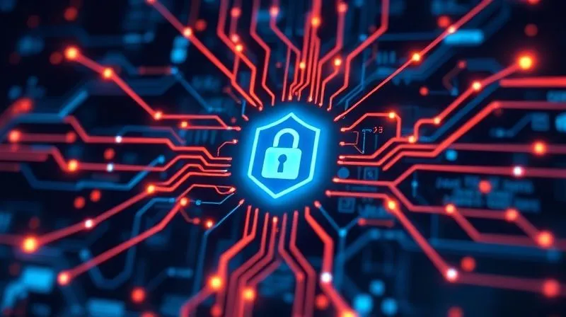 A photorealistic image of a complex digital network diagram, with glowing lines representing data flow, protected by a strong, visible firewall icon at the center. The image conveys robust, layered cybersecurity. Cinematic lighting, sharp focus, depth of field, 8K hyper-detailed, professional photography, shot on a high-end DSLR.