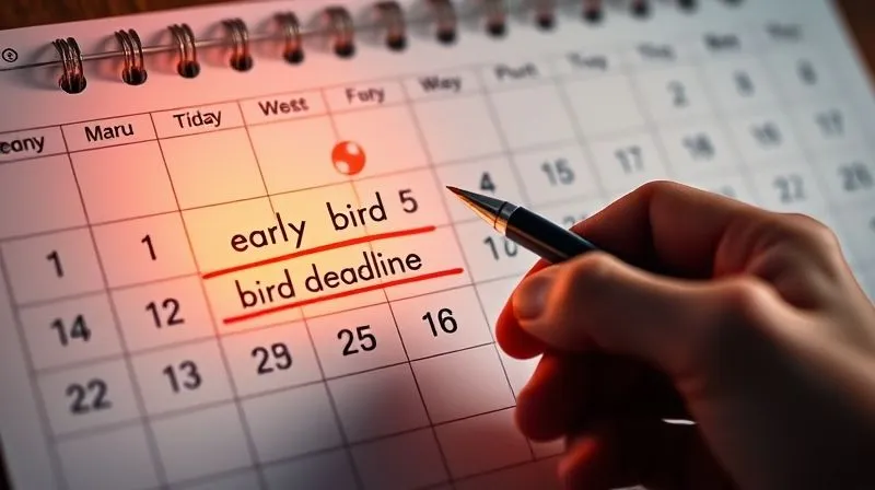 A photorealistic image of a detailed calendar with a highlighted 'early bird deadline' and a hand holding a pen, indicating proactive planning, 8K, cinematic lighting, sharp focus, depth of field.