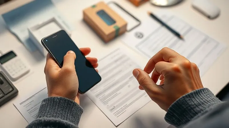A photorealistic close-up of a person's hands meticulously documenting a damaged product with a smartphone, surrounded by receipts, medical forms, and original packaging on a clean, well-lit desk. The scene is professional photography, 8K, cinematic lighting, sharp focus on the documentation, depth of field blurring the background, shot on a high-end DSLR.