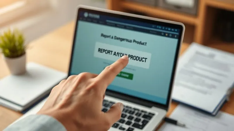 A photorealistic image of a person's hand pointing at a 'REPORT A DANGEROUS PRODUCT' button on a government website interface, with a blurred background of official documents and a laptop. The lighting is bright and professional, sharp focus on the hand and screen, depth of field. Professional photography, 8K, shot on a high-end DSLR.