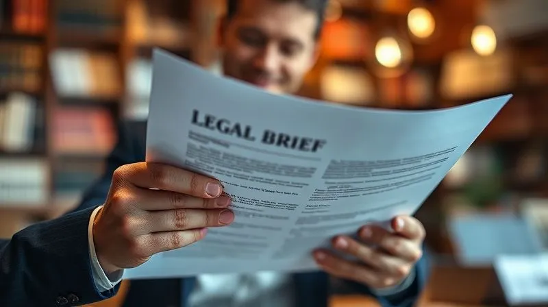 A photorealistic image of a legal brief or contract document being reviewed by a focused individual, with a blurred background of a modern office or legal library. Professional photography, 8K, cinematic lighting, sharp focus on the document and hands, depth of field, shot on a high-end DSLR.