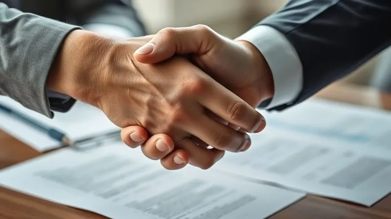 photorealistic, professional photography, 8K, cinematic lighting, sharp focus, depth of field, shot on a high-end DSLR. Two hands, one appearing strong and professional, the other slightly worn but determined, clasped in a firm handshake over a table with blurred legal documents, symbolizing a successful negotiation or settlement.