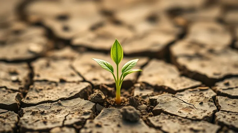 photorealistic, professional photography, 8K, cinematic lighting, sharp focus, depth of field, shot on a high-end DSLR. A small, vibrant green plant sprouting from cracked, dry earth, with tender new leaves reaching towards soft sunlight, symbolizing financial growth and recovery after hardship.