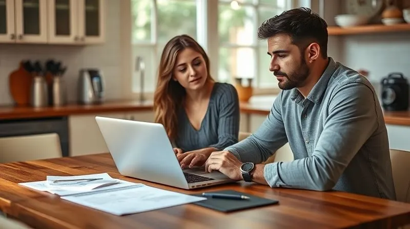 A photorealistic image of a young couple (late 30s) sitting at a kitchen table, intently comparing different health insurance plan options on a laptop, with documents and a pen laid out. The atmosphere is focused and organized, with natural light streaming in. Professional photography, 8K, cinematic lighting, sharp focus on the couple and laptop screen, depth of field blurring the background, shot on a high-end DSLR.