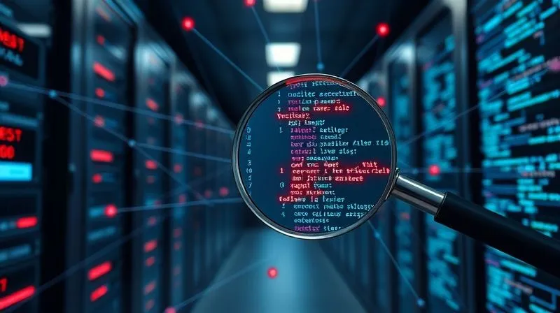 A photorealistic, professional photography, 8K, cinematic lighting, sharp focus, depth of field, shot on a high-end DSLR. A complex, interconnected web of digital code lines, with some lines glowing ominously red, representing vulnerable dependencies. A magnifying glass hovers over a critical section, symbolizing meticulous code review and supply chain scrutiny. The background is a secure, futuristic data center.