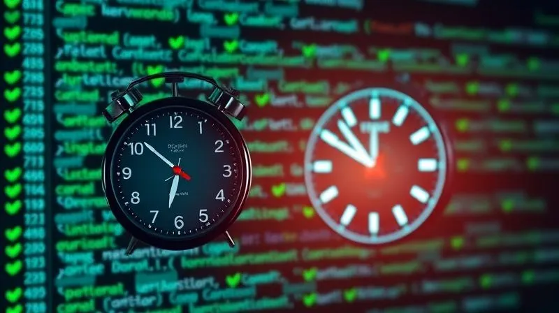 A photorealistic, professional photography, 8K, cinematic lighting, sharp focus, depth of field, shot on a high-end DSLR. A digital smart contract code glowing with green checkmarks, representing successful formal verification. In the foreground, a digital clock overlays a blockchain transaction, symbolizing time-locks and delayed execution. The image conveys precision, security, and controlled access.