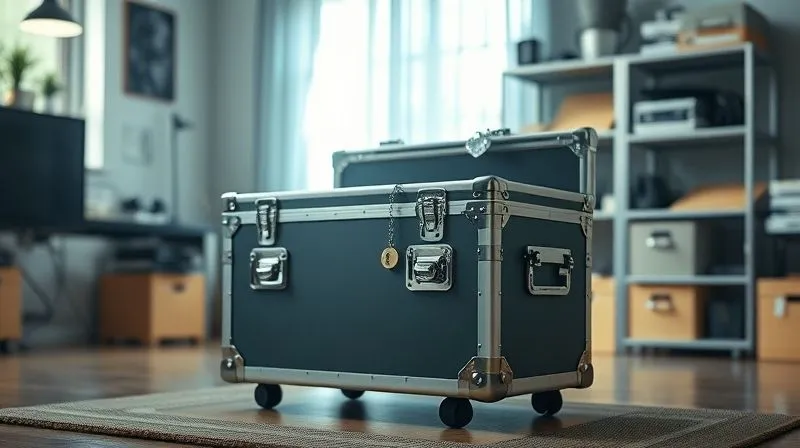 A photorealistic, professional photography shot of a sturdy, locked metal case for professional equipment, sitting securely in a well-lit, organized home office. A subtle, protective glow emanates from the case, symbolizing peace of mind and assured protection. Cinematic lighting, sharp focus on the case, depth of field blurring the background, 8K hyper-detailed. The case has a slight sheen, highlighting its durability.