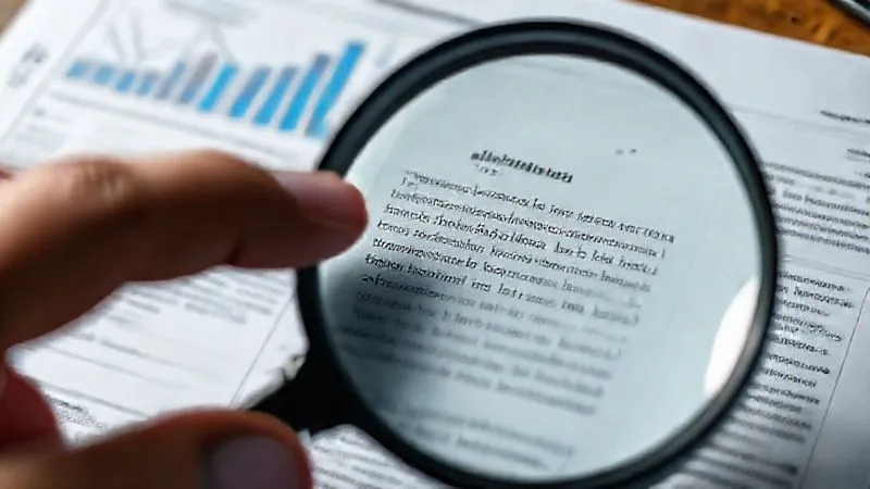 A photorealistic image of a magnifying glass enlarging a complex financial document with intricate charts and legal text, a blurred hand pointing to a specific clause, cinematic lighting, sharp focus on the magnified area, depth of field, 8K, professional photography, shot on a high-end DSLR, conveying meticulous scrutiny.