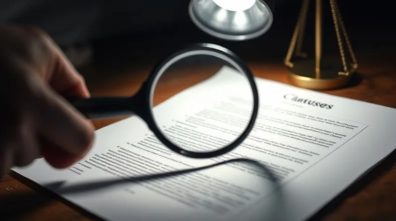 A photorealistic image of a legal document being meticulously reviewed under a spotlight, with a magnifying glass highlighting key clauses, professional photography, 8K, cinematic lighting, sharp focus on the document, depth of field blurring a legal scale in the background, shot on a high-end DSLR.
