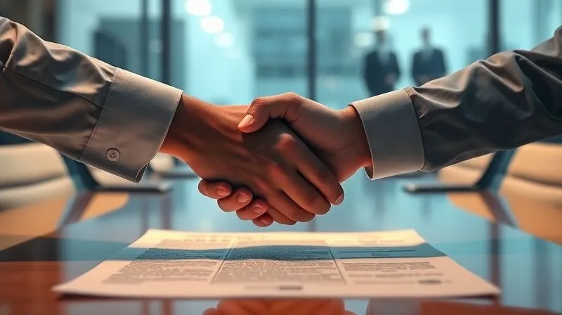 A photorealistic image of two hands shaking over a complex, illuminated legal document, symbolizing a deal being struck. The background shows blurred figures in a modern conference room, professional photography, 8K, cinematic lighting, sharp focus on the hands and document, depth of field, shot on a high-end DSLR.