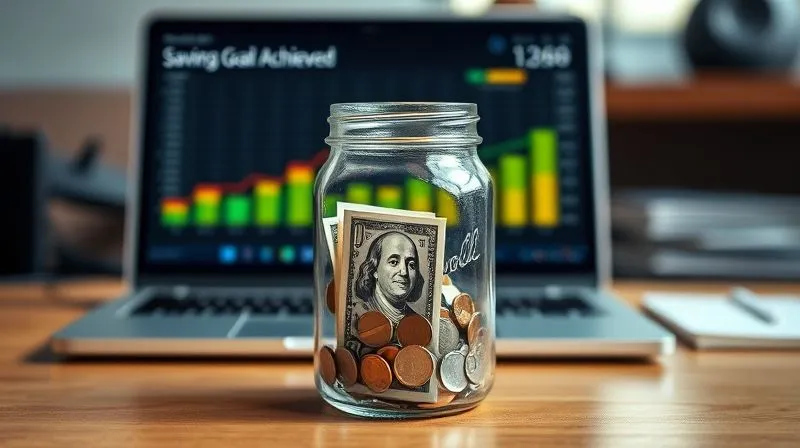 A photorealistic image of a transparent glass jar, half-filled with crisp dollar bills and coins, sitting on a polished wooden desk. Behind it, a blurred financial spreadsheet on a laptop screen shows a 'Savings Goal Achieved' chart. Cinematic lighting, sharp focus on the jar, depth of field, 8K, professional photography, shot on a high-end DSLR, symbolizing a growing emergency fund.