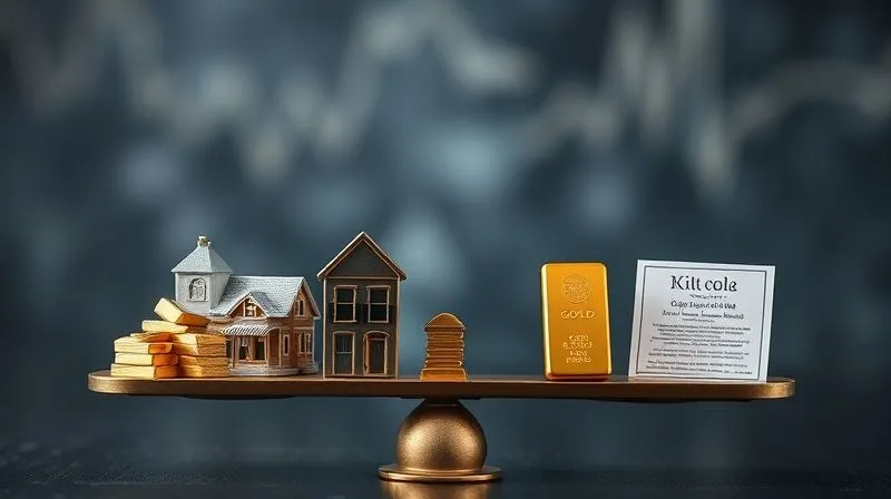 A photorealistic, professional photography shot of a diverse portfolio, represented by a balanced scale. On one side, traditional stocks and bonds are visible, while the other side features miniature representations of real estate, gold bars, and a private equity fund document, all in sharp focus with cinematic lighting, depth of field, 8K hyper-detailed, shot on a high-end DSLR.