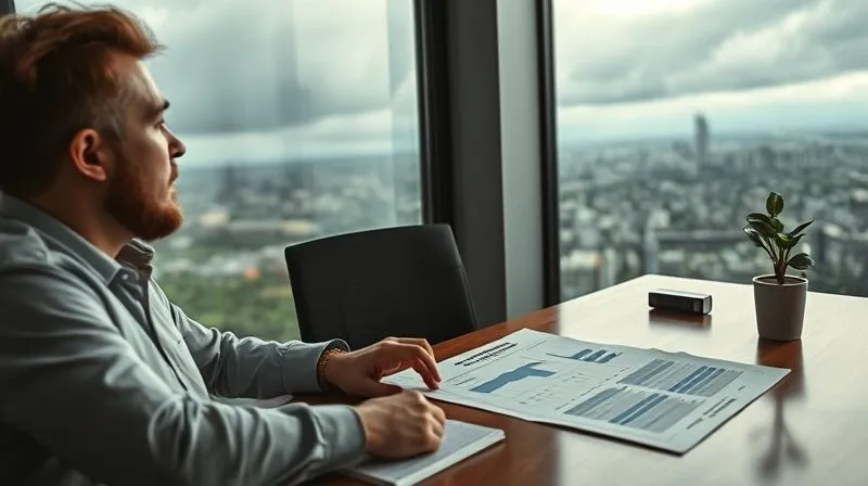 A photorealistic, professional photography shot of a calm, serene individual looking out a window at a stormy landscape (symbolizing market turmoil), while a financial advisor calmly points to a stable, long-term financial plan laid out on a table. Cinematic lighting, sharp focus on the individuals and plan, depth of field, 8K hyper-detailed, shot on a high-end DSLR.