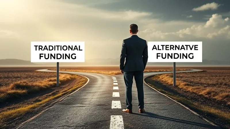 A photorealistic image of a business person standing at a crossroads, with diverging paths labeled 'Traditional Funding' and 'Alternative Funding', bathed in soft, decision-making light. Professional photography, 8K, cinematic lighting, sharp focus, depth of field, shot on a high-end DSLR.