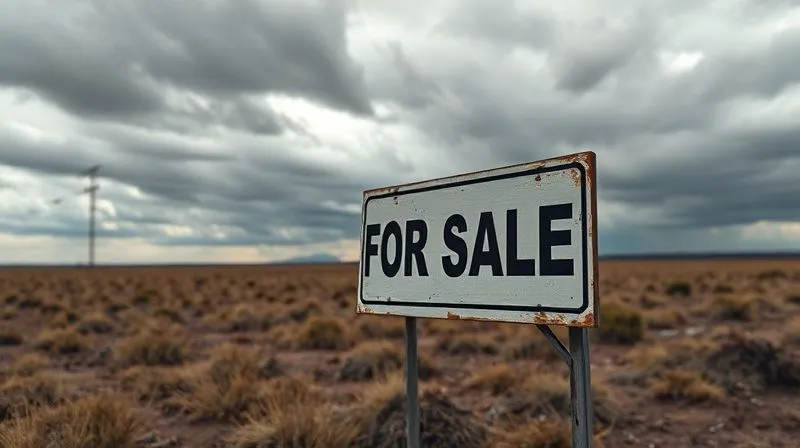 Photorealistic, professional photography, 8K, cinematic lighting, sharp focus, depth of field, shot on a high-end DSLR. A weathered 'For Sale' sign standing in a barren field under a dramatic, cloudy sky, with subtle digital overlays of downward-trending economic charts, symbolizing plummeting buyer demand in real estate.