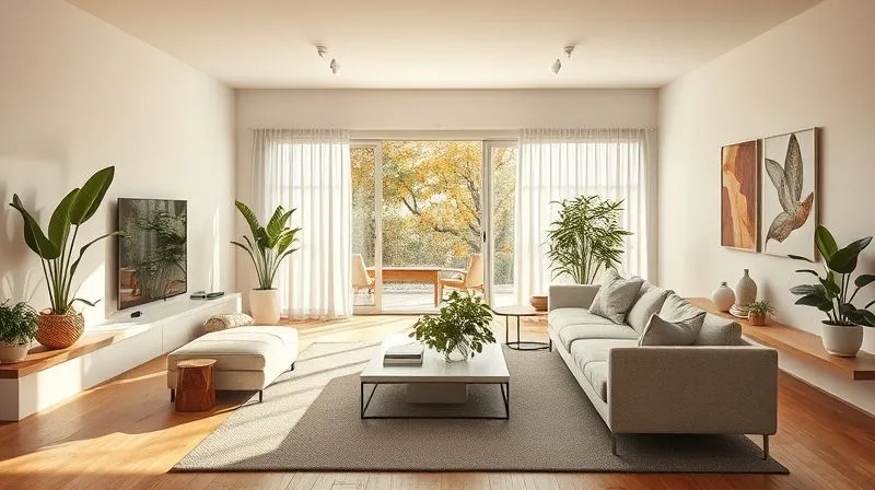Photorealistic, professional photography, 8K, cinematic lighting, sharp focus, depth of field, shot on a high-end DSLR. A beautifully staged modern living room bathed in warm, natural light, with minimalist decor and lush green plants. The space feels inviting, spacious, and aspirational, showcasing the home's best features.