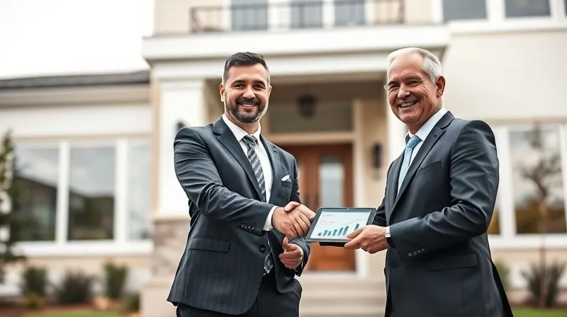 Photorealistic, professional photography, 8K, cinematic lighting, sharp focus, depth of field, shot on a high-end DSLR. A professional real estate agent in a crisp suit shaking hands with a client in front of a modern home, both smiling confidently. The agent is holding a tablet showing market data, symbolizing expertise and partnership in a challenging market.