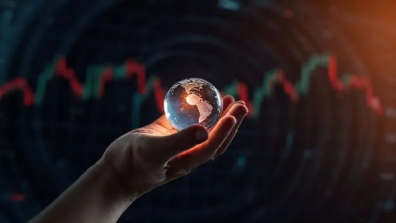 A photorealistic image of a calm, steady hand holding a small, illuminated globe, surrounded by a swirling, dark financial market graph in the background, symbolizing control amidst chaos. Professional photography, 8K, cinematic lighting, sharp focus on the hand and globe, depth of field blurring the turbulent market graph, shot on a high-end DSLR.
