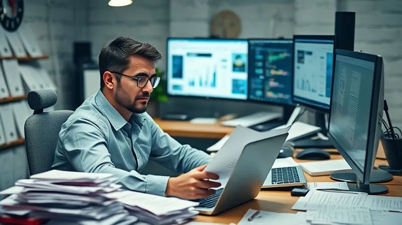 photorealistic, professional photography, 8K, cinematic lighting, sharp focus, depth of field, shot on a high-end DSLR, a busy professional sitting at a desk overflowing with papers and multiple screens, looking stressed and overwhelmed, with a small, clear, empty desk space just beside them, symbolizing the potential for simplification and clarity, emotionally resonant.