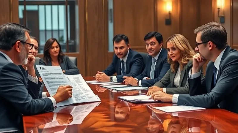 A photorealistic image of a diverse group of professionals sitting around a large, polished boardroom table, engaged in serious, candid discussion. One board member is pointing to a detailed ESG report. The atmosphere is one of focused scrutiny and independent thought. Cinematic lighting, sharp focus on faces, depth of field, 8K, professional photography, shot on a high-end DSLR.
