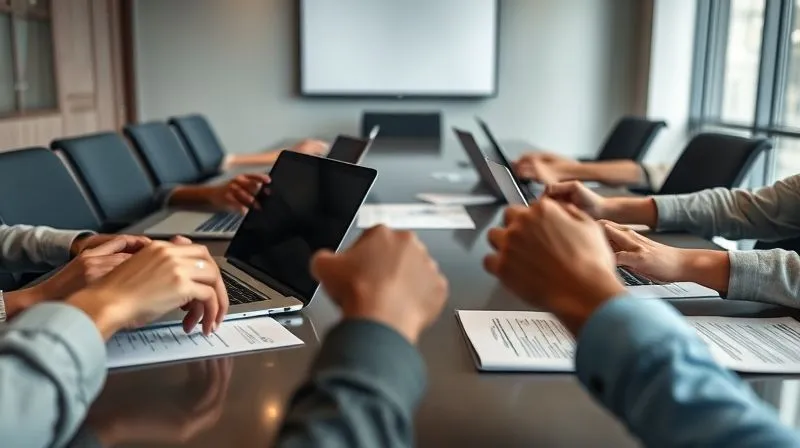 A photorealistic, professional photography shot of a boardroom table with diverse hands (different skin tones, genders) reaching for different documents and laptops, symbolizing varied perspectives and contributions. The setting is modern and collaborative. 8K, cinematic lighting, sharp focus, depth of field, shot on a high-end DSLR.