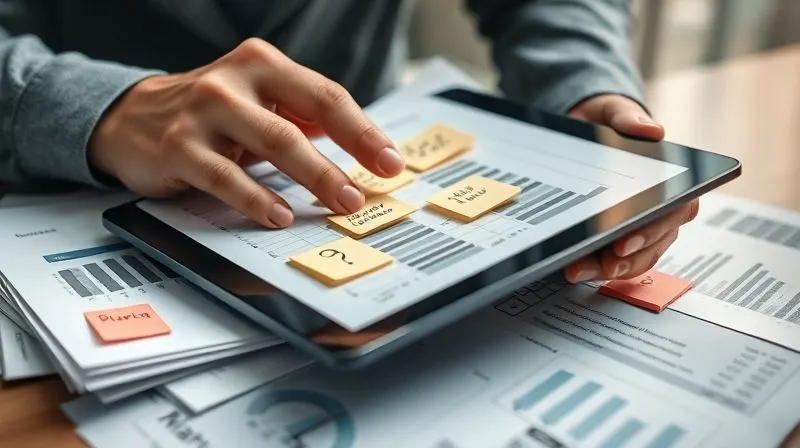 A photorealistic image of a person's hands meticulously analyzing a stack of corporate reports and a tablet displaying financial data. There are sticky notes with critical questions. The scene conveys diligent research and deep analysis. Cinematic lighting, sharp focus on the documents, depth of field, 8K, professional photography, shot on a high-end DSLR.