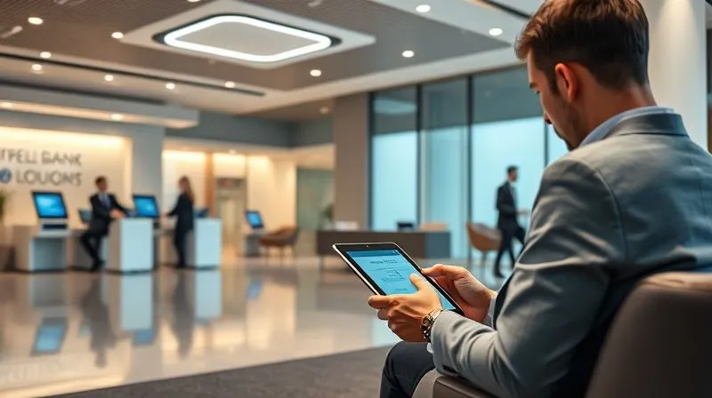 photorealistic, professional photography, 8K, cinematic lighting, sharp focus, depth of field, shot on a high-end DSLR, a modern, minimalist bank lobby with sleek digital kiosks and comfortable seating, a professional banking advisor engaging with a client at a private desk, while another client seamlessly uses a tablet for mobile banking in the foreground. The scene conveys efficiency, technological integration, and personalized service.