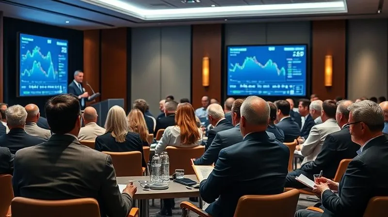 photorealistic, professional photography, 8K, cinematic lighting, sharp focus, depth of field, shot on a high-end DSLR, a well-attended, elegant financial seminar in a modern conference room, a charismatic expert speaker on stage presenting complex financial data, while affluent attendees in the foreground actively take notes and engage in discussion. The atmosphere is intellectual, engaging, and professional, with a sense of shared learning.