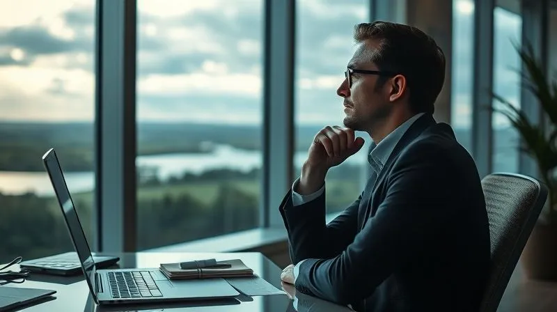 A photorealistic image of a professional person, perhaps in their late 30s or early 40s, sitting at a desk with a thoughtful expression, looking out a window at a serene landscape, symbolizing future aspirations and financial freedom. Cinematic lighting, soft focus on the person, depth of field, 8K, professional photography, shot on a high-end DSLR.