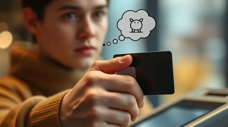A photorealistic image of a person's hand holding a credit card, hovering over a payment terminal, with a thoughtful, slightly hesitant expression on their blurred face in the background. A small thought bubble above their head contains symbols of a piggy bank and a savings graph. Professional photography, 8K, cinematic lighting, sharp focus on the hand and card, depth of field, shot on a high-end DSLR.