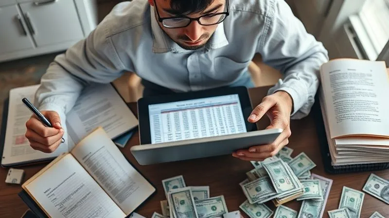 A photorealistic image of a person sitting at a desk, surrounded by open notebooks and a tablet displaying a financial spreadsheet. Their expression is focused yet slightly overwhelmed, with bills scattered around. Cinematic lighting, sharp focus, depth of field. 8K hyper-detailed.