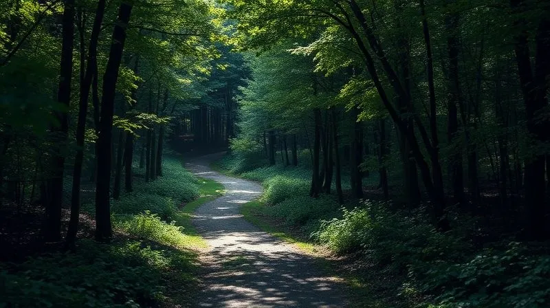 A photorealistic image of a winding, overgrown pathway in a dense forest, with subtle signs of neglect and hidden obstacles, symbolizing common pitfalls in estate planning. The lighting is dappled and slightly ominous, 8K, sharp focus on the path, depth of field blurring the background, shot on a high-end DSLR.