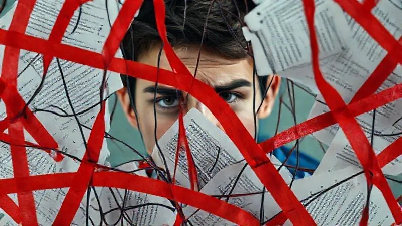 A photorealistic depiction of a complex, tangled web of red tape and bureaucratic forms, partially obscuring a student's distressed face in the background. Cinematic lighting highlights the frustration, sharp focus on the paperwork, depth of field blurring the student, 8K hyper-detailed, professional photography, shot on a high-end DSLR.