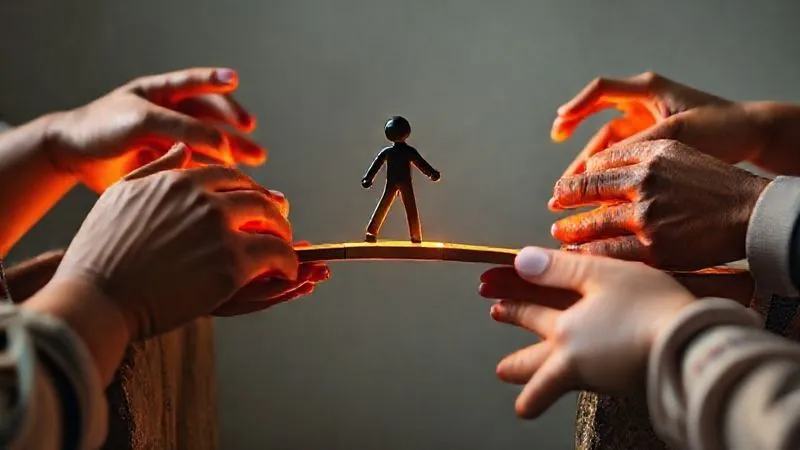 A photorealistic, artistic rendering of diverse hands (representing different stakeholders like alumni, community, institutions) collaboratively building a sturdy financial bridge for a student figure crossing a chasm. The bridge is made of glowing, symbolic aid components. Cinematic lighting, sharp focus on the collaborative effort, depth of field blurring the student, 8K hyper-detailed, professional photography, shot on a high-end DSLR.