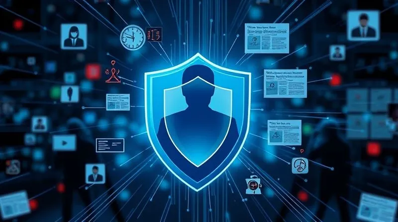 Photorealistic image depicting a digital shield protecting a stylized human silhouette, with various threats like phishing icons, dark figures, and news headlines attempting to breach it. Cinematic lighting emphasizes the struggle, sharp focus on the shield, depth of field blurring the chaotic background. 8K hyper-detailed, professional photography.