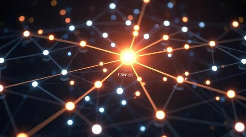 photorealistic, professional photography, 8K, cinematic lighting, sharp focus, depth of field, shot on a high-end DSLR, a complex, interconnected network of glowing lines and nodes representing a business structure, with a central, bright node symbolizing a key owner, and various pathways leading to other nodes, set against a dark, futuristic background, conveying complexity and strategic connections.